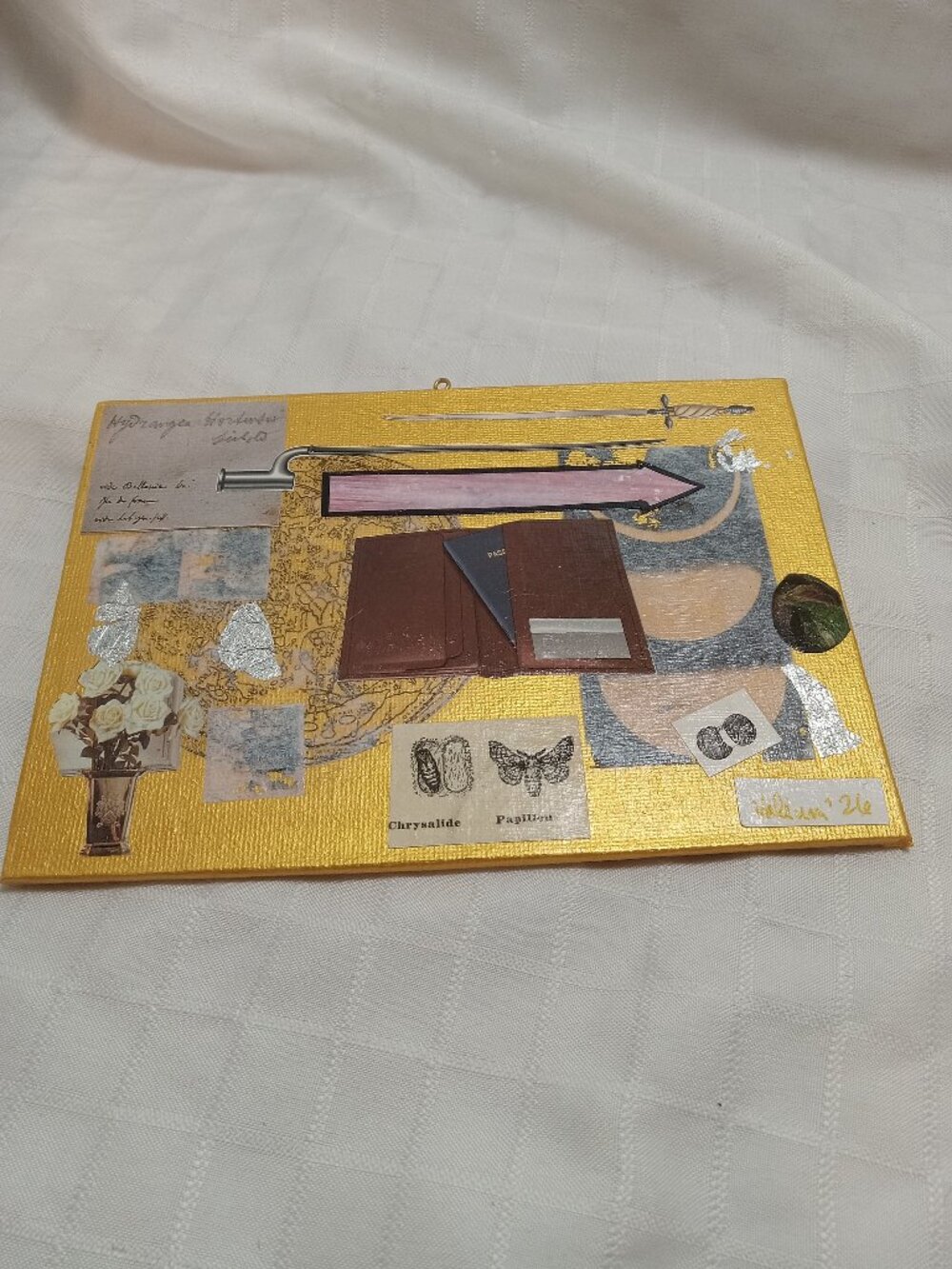 Prints of old magazines on canvas, gold paint, and mixed-media collages